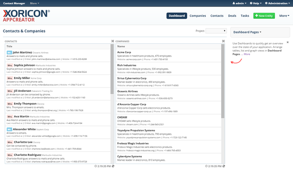 Contacts dashboard of an AppCreator application