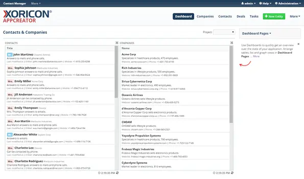 Contacts-Dashboard einer AppCreator-Anwendung