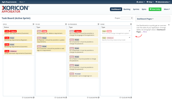 Requirements dashboard created with XORICON AppCreator