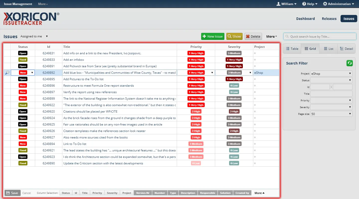 Editierbare Tabellenansichten in XORICON IssueTracker