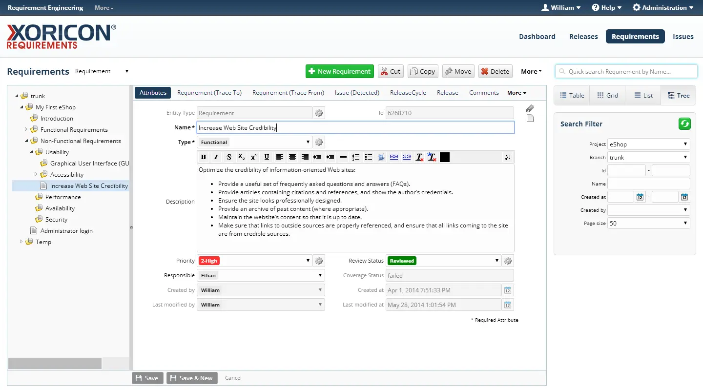 XORICON Requirements Anwendungsoberfläche mit Requirements-Dashboard