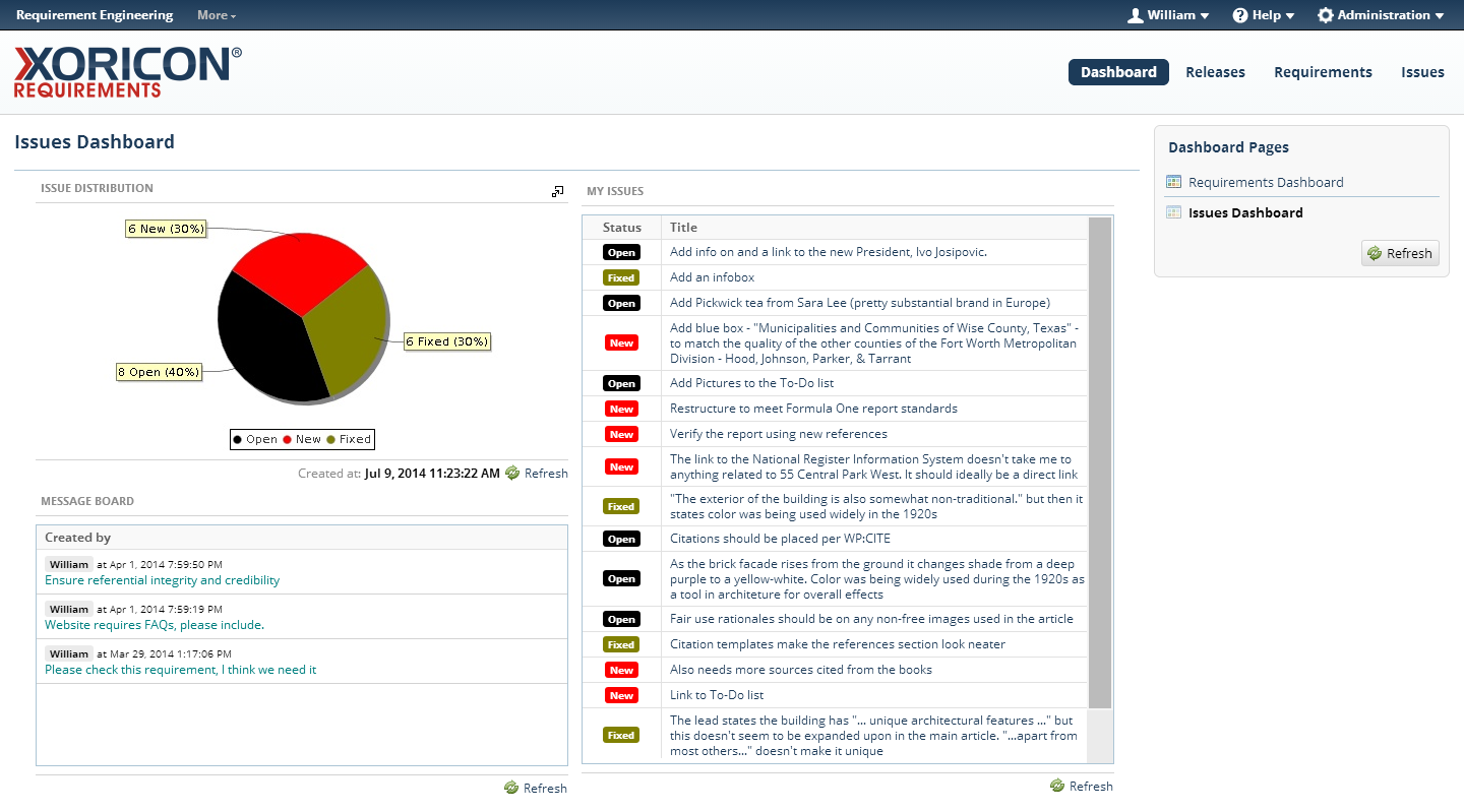 Dashboards, Graphen und Reports in XORICON Requirements