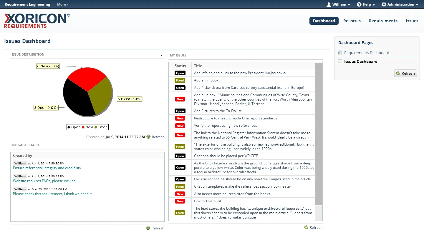 Dashboards, Graphen und Reports in XORICON Requirements