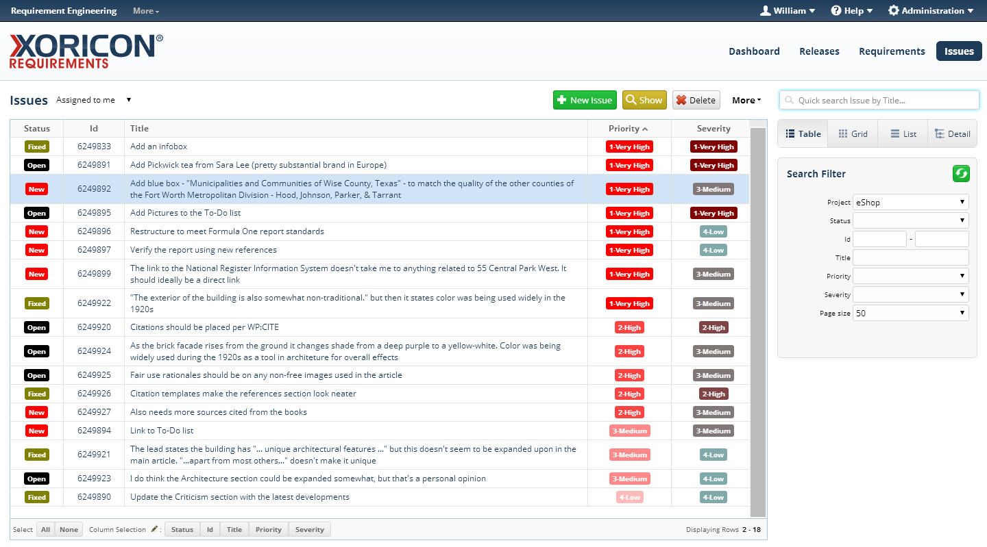 Issue Tracking in XORICON Requirements