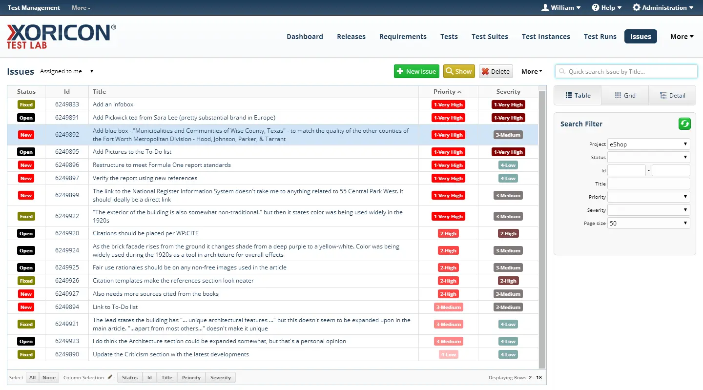 Issue tracking in XORICON TestLab