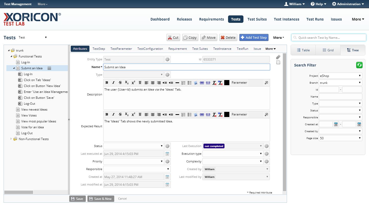 XORICON TestQA application interface with dashboard and test management views