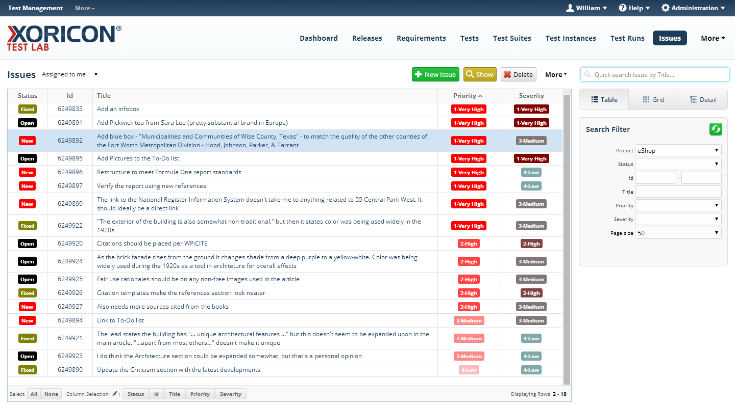 Issue tracking in XORICON TestQA
