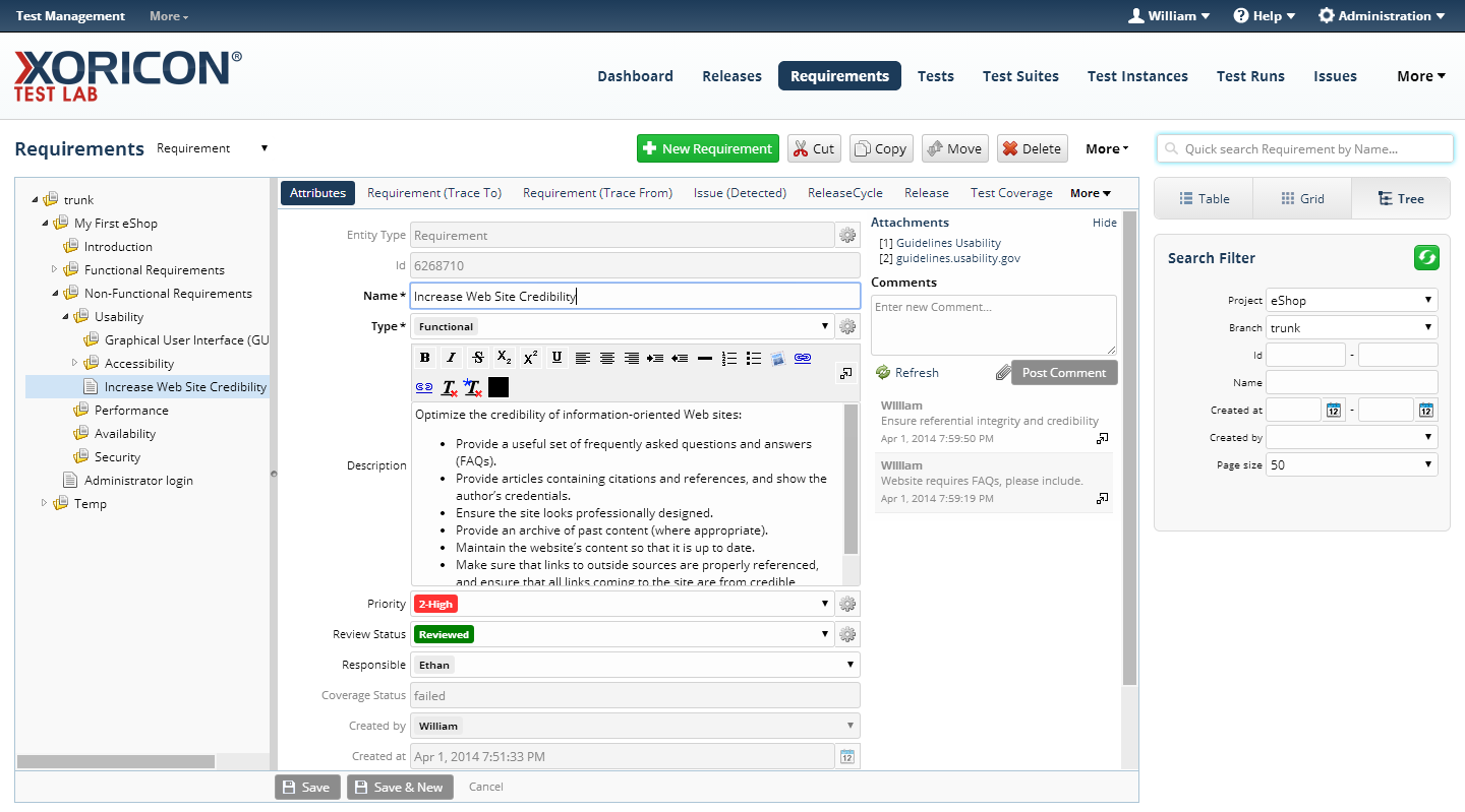 Requirements specification in XORICON TestQA